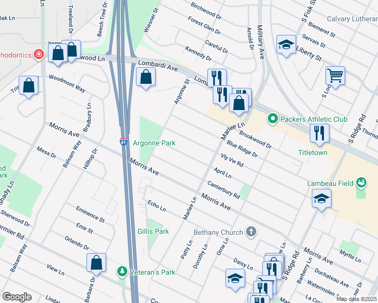map of restaurants, bars, coffee shops, grocery stores, and more near 1274 April Lane in Green Bay