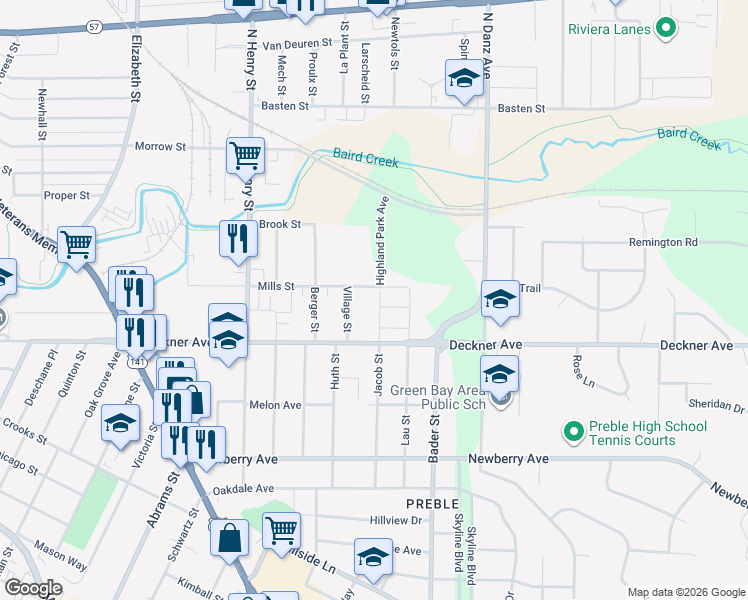 map of restaurants, bars, coffee shops, grocery stores, and more near 201-2 Mills Street in Green Bay