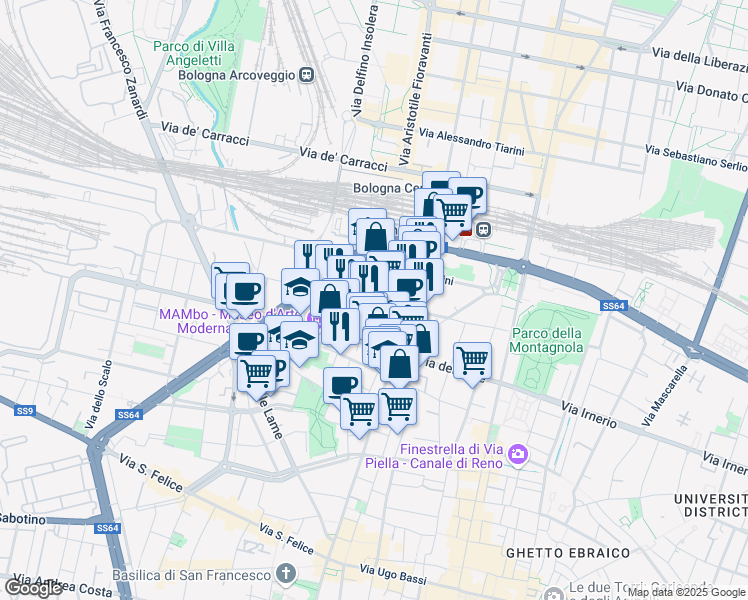 map of restaurants, bars, coffee shops, grocery stores, and more near 16 Via Cairoli Fratelli in Bologna