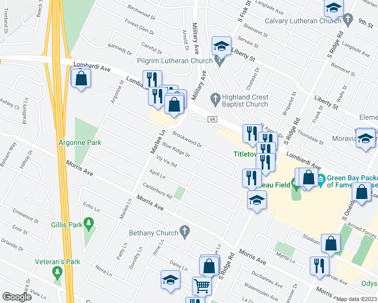 map of restaurants, bars, coffee shops, grocery stores, and more near 1172 Blue Ridge Drive in Green Bay