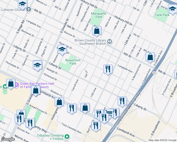 map of restaurants, bars, coffee shops, grocery stores, and more near 1597 Jay Lane in Green Bay
