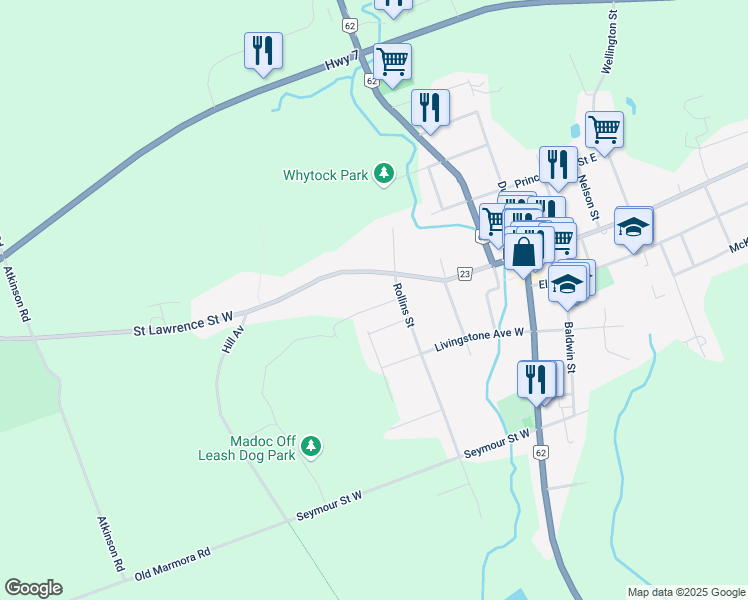 map of restaurants, bars, coffee shops, grocery stores, and more near 20 Marmora Street in Madoc