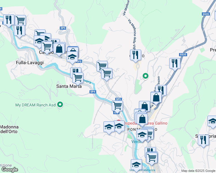 map of restaurants, bars, coffee shops, grocery stores, and more near Passo Pratogagliardo in Genoa