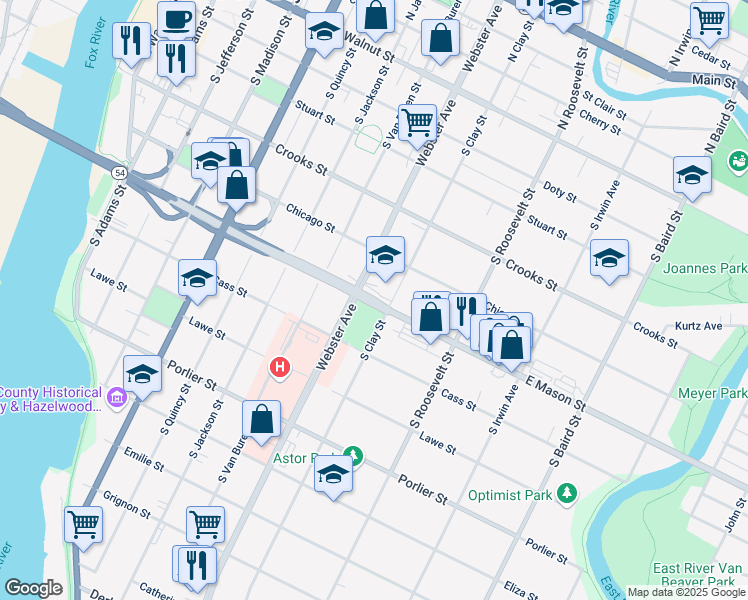 map of restaurants, bars, coffee shops, grocery stores, and more near East Mason Street in Green Bay