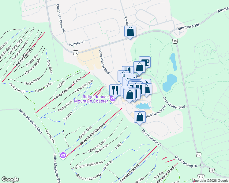 map of restaurants, bars, coffee shops, grocery stores, and more near 107 Ann Heggtveit Drive in Grey County