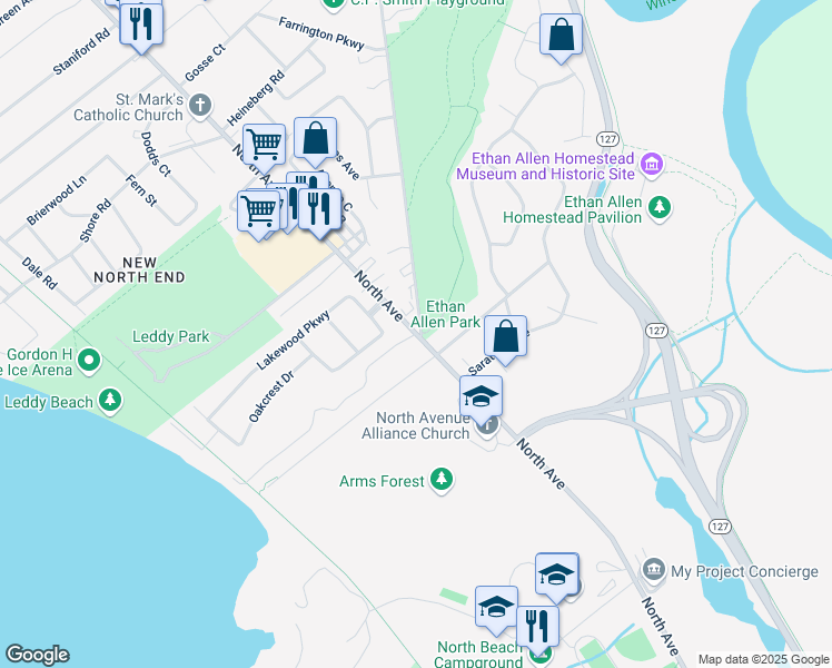 North Ave Little Eagle Bay Burlington Vt Walk Score Map Of Restaurants Bars Coffee S Grocery Ore Near North