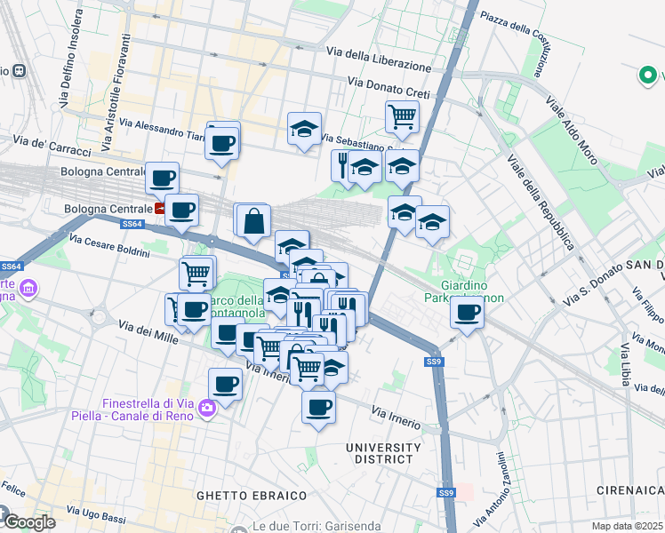 map of restaurants, bars, coffee shops, grocery stores, and more near 24-26 Viale Angelo Masini in Bologna