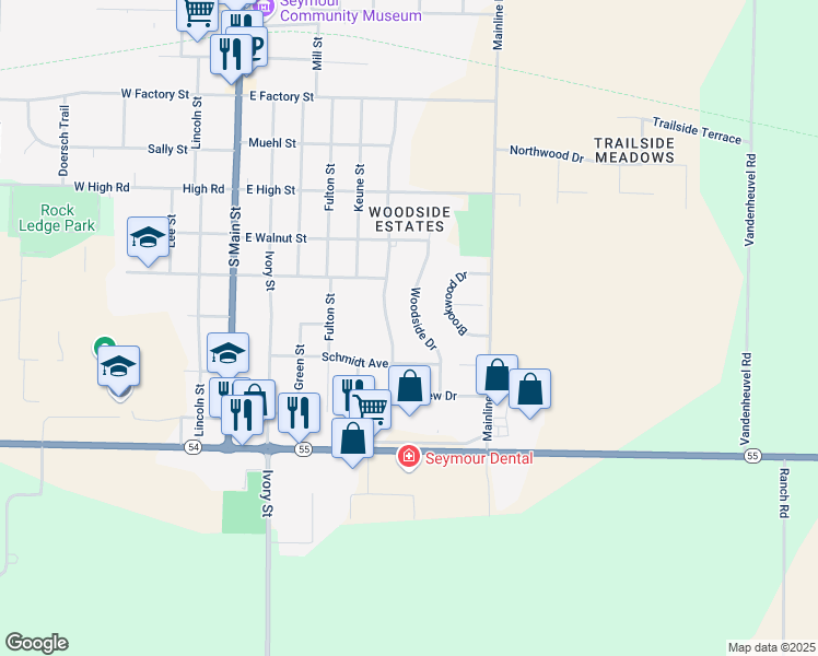 map of restaurants, bars, coffee shops, grocery stores, and more near 825 Woodside Drive in Seymour