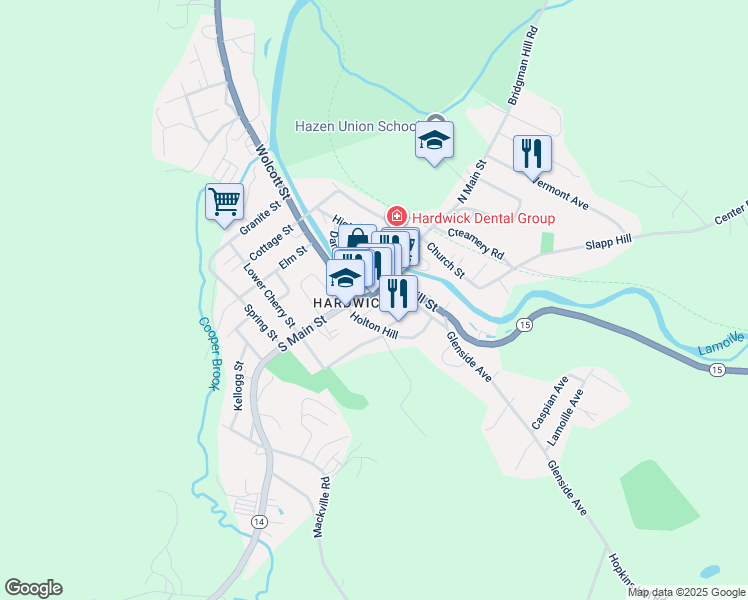 map of restaurants, bars, coffee shops, grocery stores, and more near 41 South Main Street in Hardwick