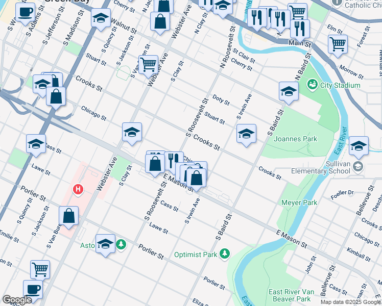 map of restaurants, bars, coffee shops, grocery stores, and more near 1212 Chicago Street in Green Bay