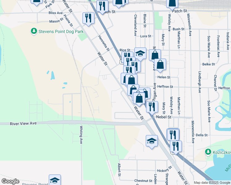 map of restaurants, bars, coffee shops, grocery stores, and more near 3056 Water Street in Stevens Point
