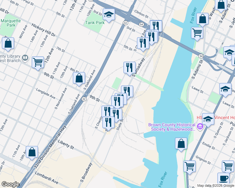 map of restaurants, bars, coffee shops, grocery stores, and more near 1216 South Broadway in Green Bay