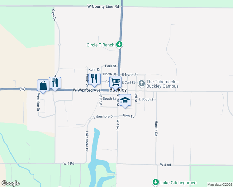 map of restaurants, bars, coffee shops, grocery stores, and more near in Buckley