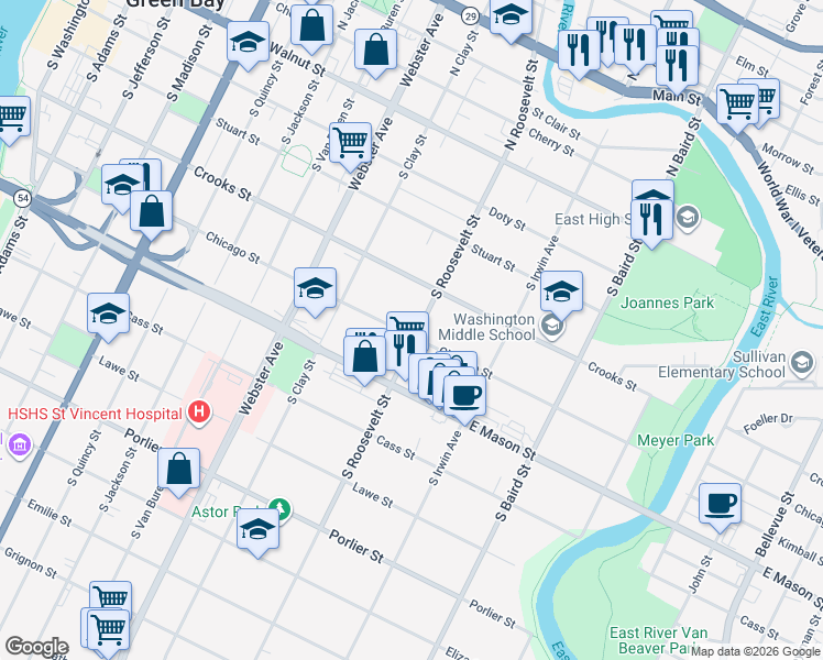 map of restaurants, bars, coffee shops, grocery stores, and more near 1212 Chicago Street in Green Bay