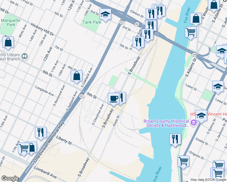 map of restaurants, bars, coffee shops, grocery stores, and more near 1216 South Broadway in Green Bay