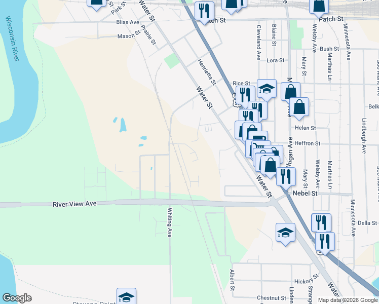 map of restaurants, bars, coffee shops, grocery stores, and more near 3101 Whiting Avenue in Stevens Point