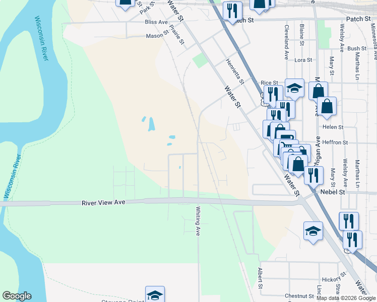 map of restaurants, bars, coffee shops, grocery stores, and more near 3209 Coon Avenue in Stevens Point