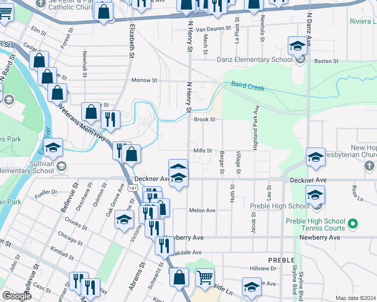 map of restaurants, bars, coffee shops, grocery stores, and more near 198 North Henry Street in Green Bay