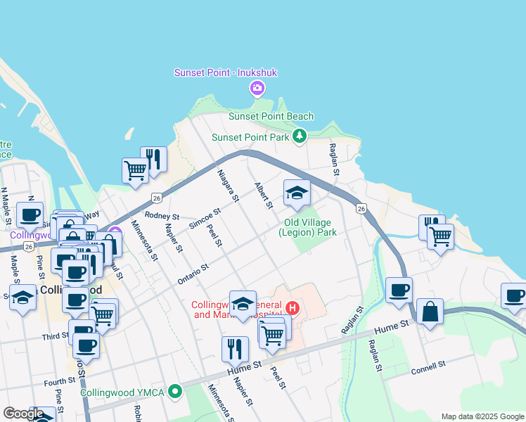 map of restaurants, bars, coffee shops, grocery stores, and more near 393 Ontario Street in Collingwood
