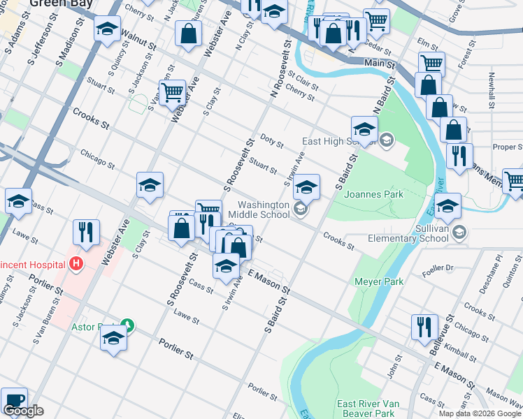 map of restaurants, bars, coffee shops, grocery stores, and more near 421 South Irwin Avenue in Green Bay