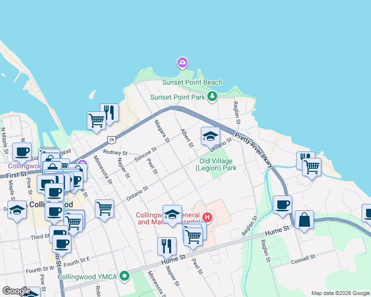 map of restaurants, bars, coffee shops, grocery stores, and more near 140 Albert Street in Collingwood