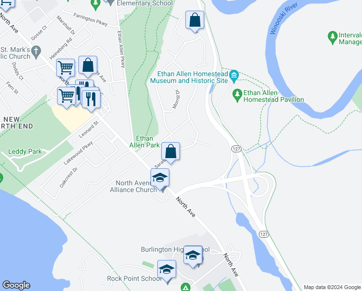map of restaurants, bars, coffee shops, grocery stores, and more near 88 Saratoga Avenue in Burlington