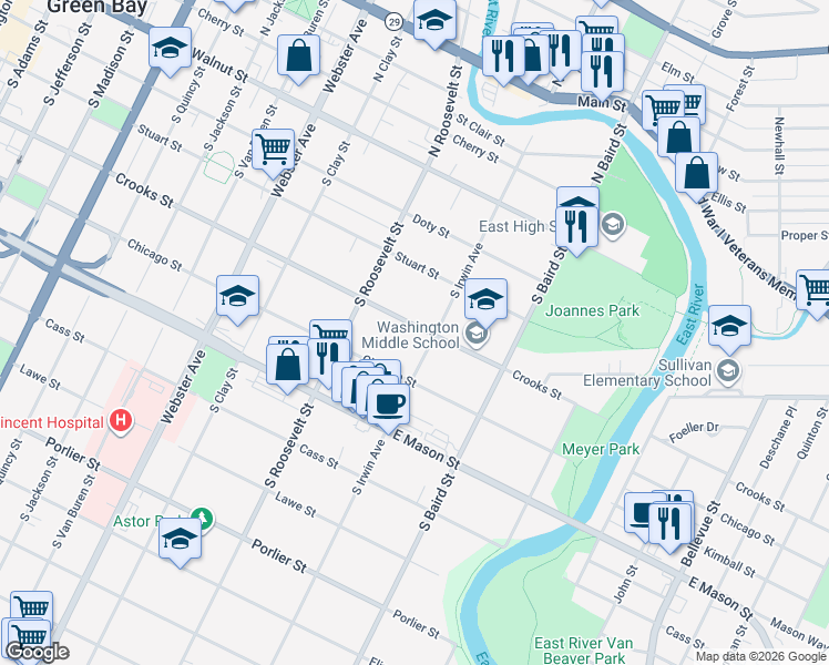 map of restaurants, bars, coffee shops, grocery stores, and more near 421 South Irwin Avenue in Green Bay