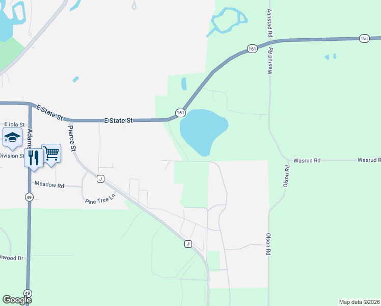map of restaurants, bars, coffee shops, grocery stores, and more near E2385 Keatings Lake Drive in Iola