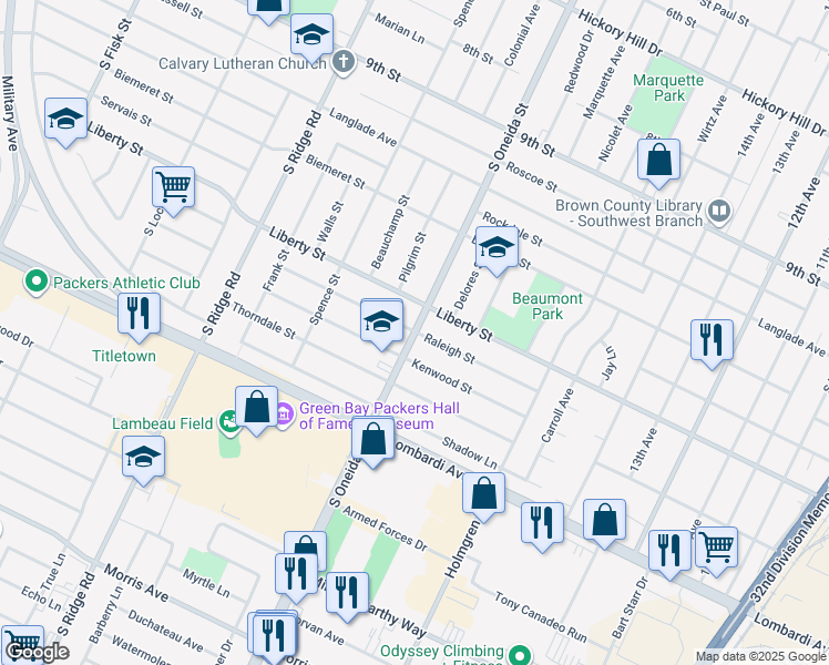 map of restaurants, bars, coffee shops, grocery stores, and more near 1717 South Oneida Street in Green Bay