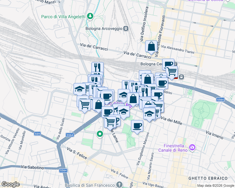 map of restaurants, bars, coffee shops, grocery stores, and more near 19 Via Paolo Bovi Campeggi in Bologna