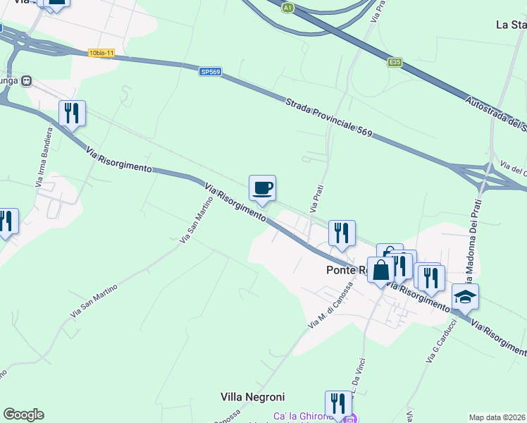 map of restaurants, bars, coffee shops, grocery stores, and more near 3/C Via Prati in Zola Predosa