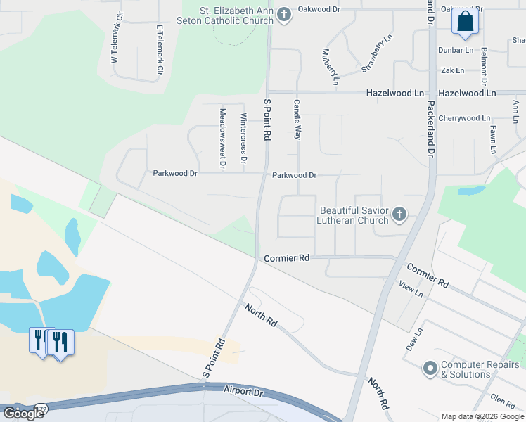map of restaurants, bars, coffee shops, grocery stores, and more near 2820 Ogdan Woods Drive in Green Bay