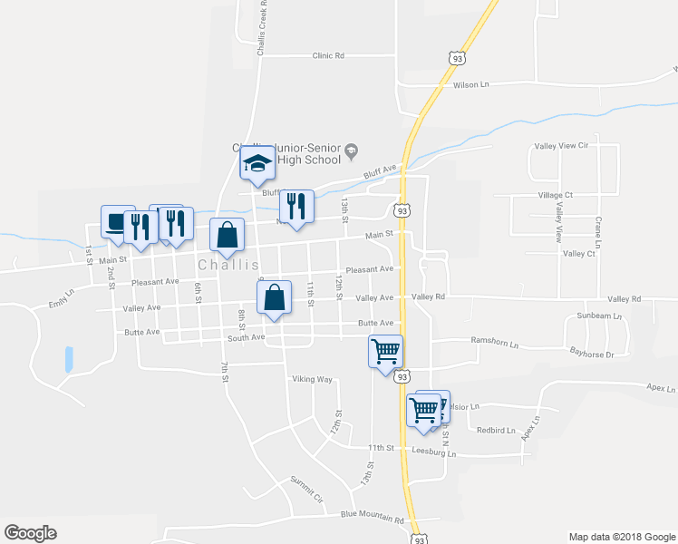 map of restaurants, bars, coffee shops, grocery stores, and more near Pleasant Avenue in Challis