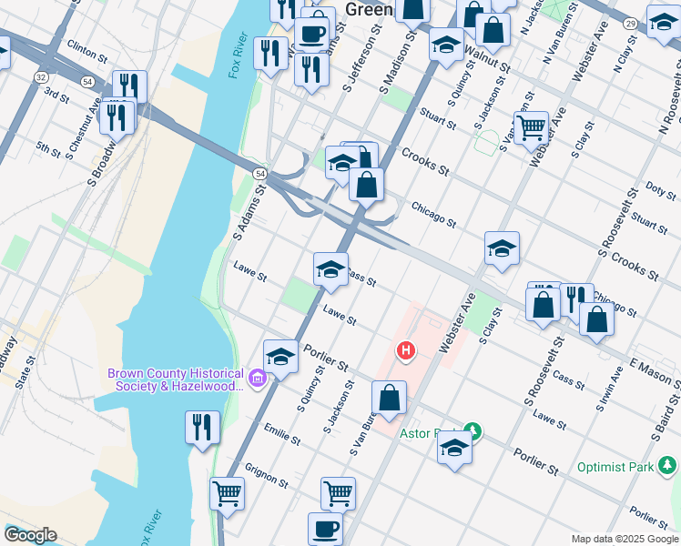 map of restaurants, bars, coffee shops, grocery stores, and more near 703 South Monroe Avenue in Green Bay