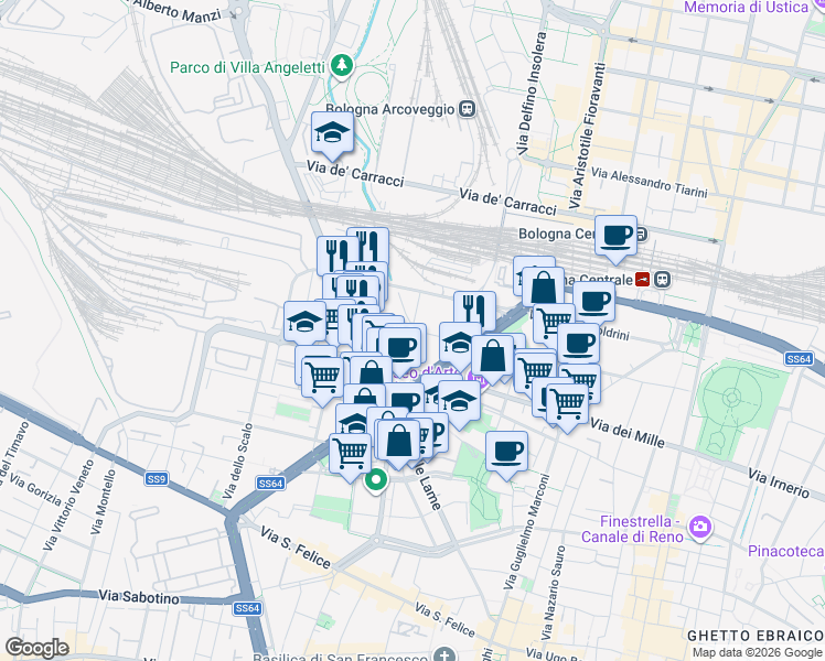 map of restaurants, bars, coffee shops, grocery stores, and more near Via della Bova in Bologna