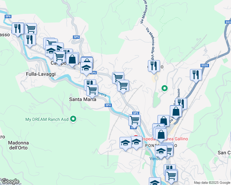 map of restaurants, bars, coffee shops, grocery stores, and more near 38 Via Campomorone in Genoa
