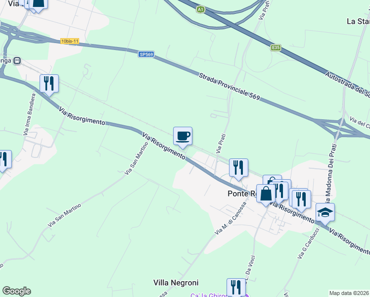 map of restaurants, bars, coffee shops, grocery stores, and more near 3C Via Prati in Ponte Ronca