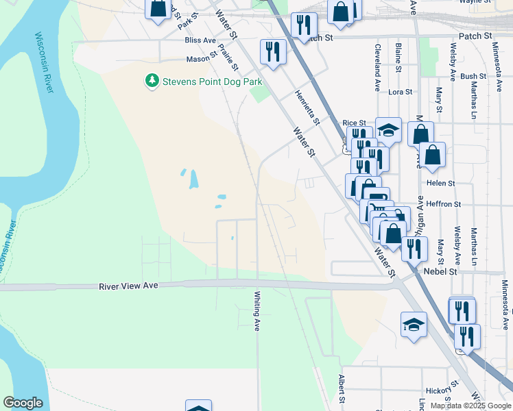 map of restaurants, bars, coffee shops, grocery stores, and more near 3101 Whiting Avenue in Stevens Point