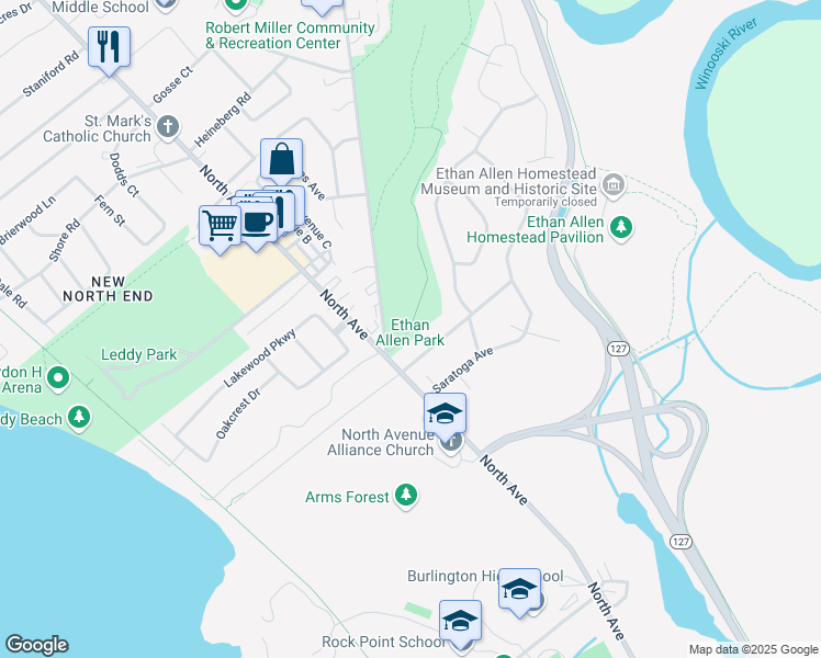 map of restaurants, bars, coffee shops, grocery stores, and more near 1006 North Avenue in Burlington