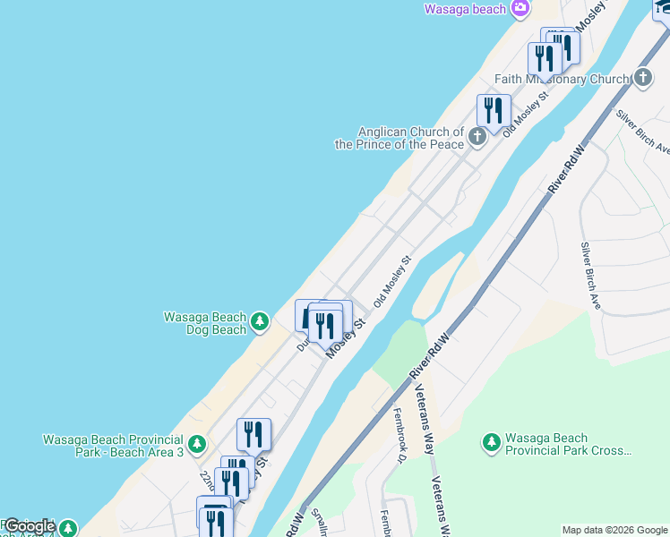 map of restaurants, bars, coffee shops, grocery stores, and more near 296 Shore Lane in Wasaga Beach