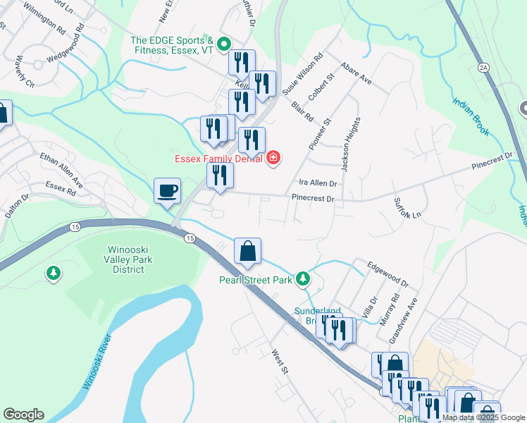 map of restaurants, bars, coffee shops, grocery stores, and more near 21 Pinecrest Drive in Essex