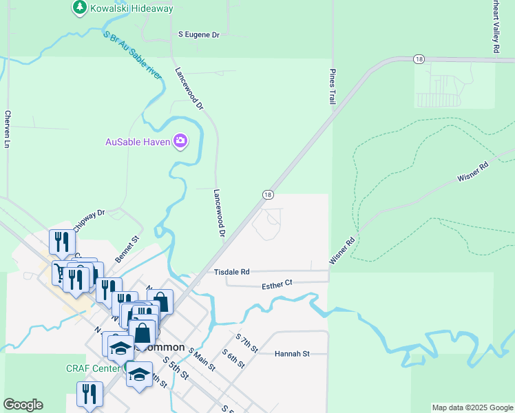 map of restaurants, bars, coffee shops, grocery stores, and more near 1319 North M-18 in Roscommon