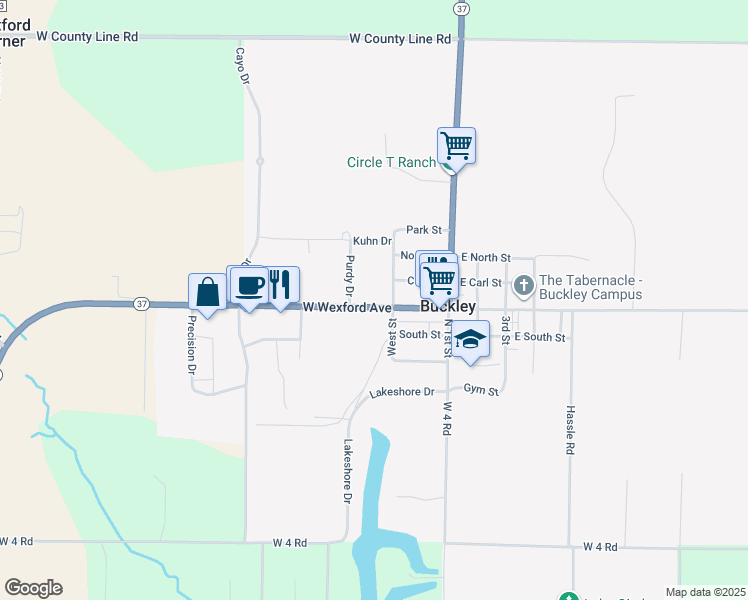 map of restaurants, bars, coffee shops, grocery stores, and more near 214 W Wexford Ave in Buckley