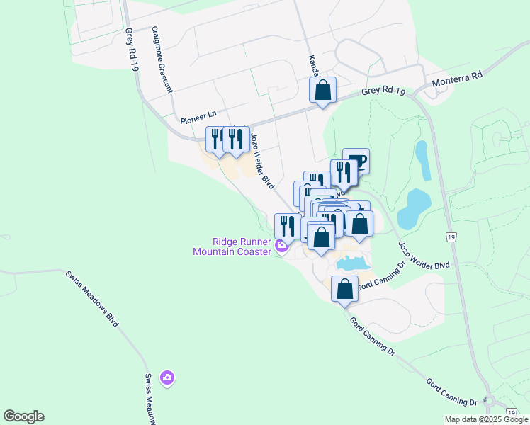 map of restaurants, bars, coffee shops, grocery stores, and more near Ann Heggtveit Drive in Grey County
