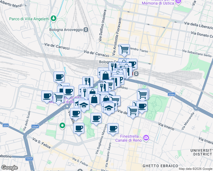 map of restaurants, bars, coffee shops, grocery stores, and more near 11 Via Cesare Boldrini in Bologna