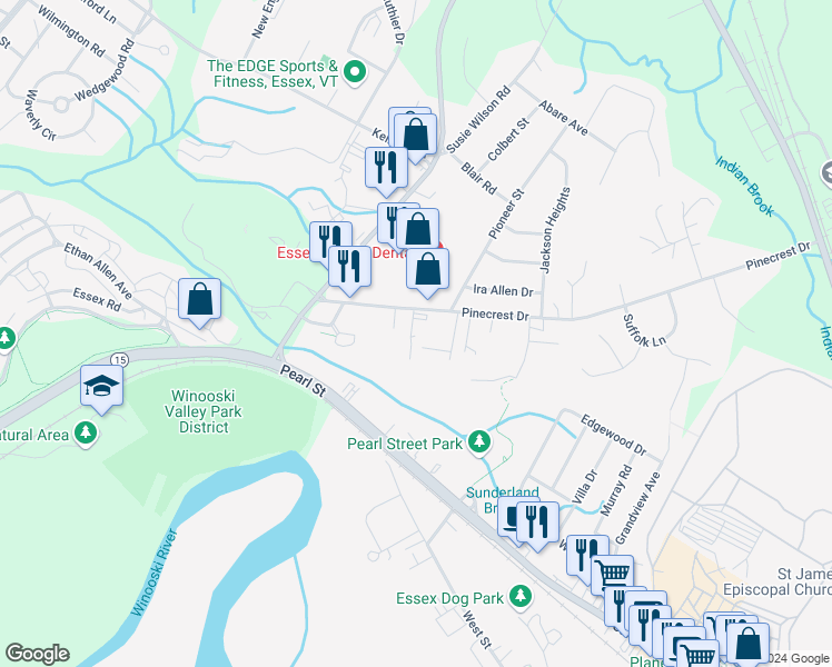 map of restaurants, bars, coffee shops, grocery stores, and more near 21 Pinecrest Drive in Essex