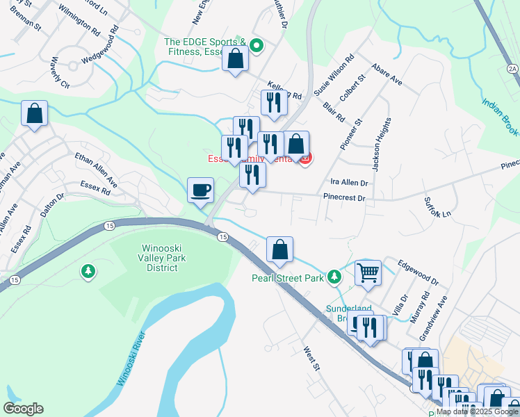 map of restaurants, bars, coffee shops, grocery stores, and more near 7 Pinecrest Drive in Essex