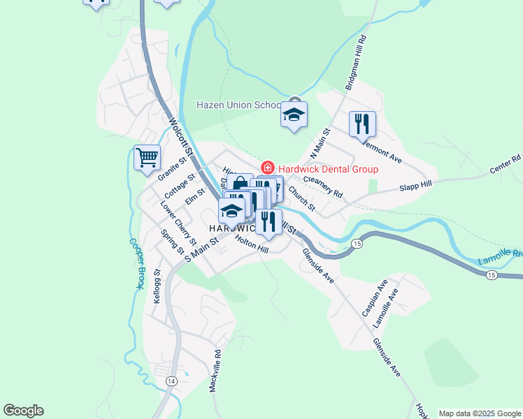 map of restaurants, bars, coffee shops, grocery stores, and more near 31 North Main Street in Hardwick