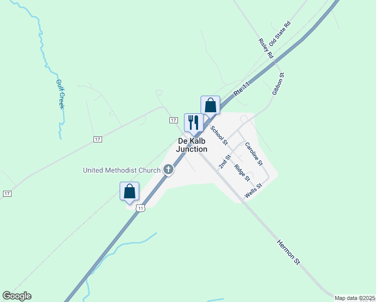map of restaurants, bars, coffee shops, grocery stores, and more near U.S. 11 in De Kalb Junction