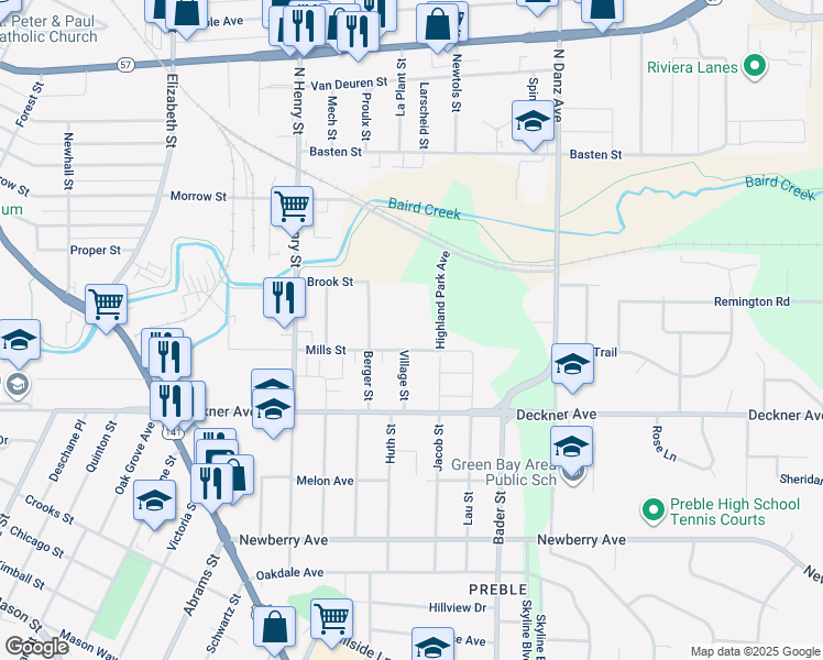 map of restaurants, bars, coffee shops, grocery stores, and more near 1945 Mills Street in Green Bay